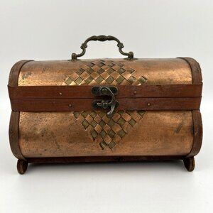 Vintage Copper & Wood Lidded Box With Handle and Latch - Basket Weave Design